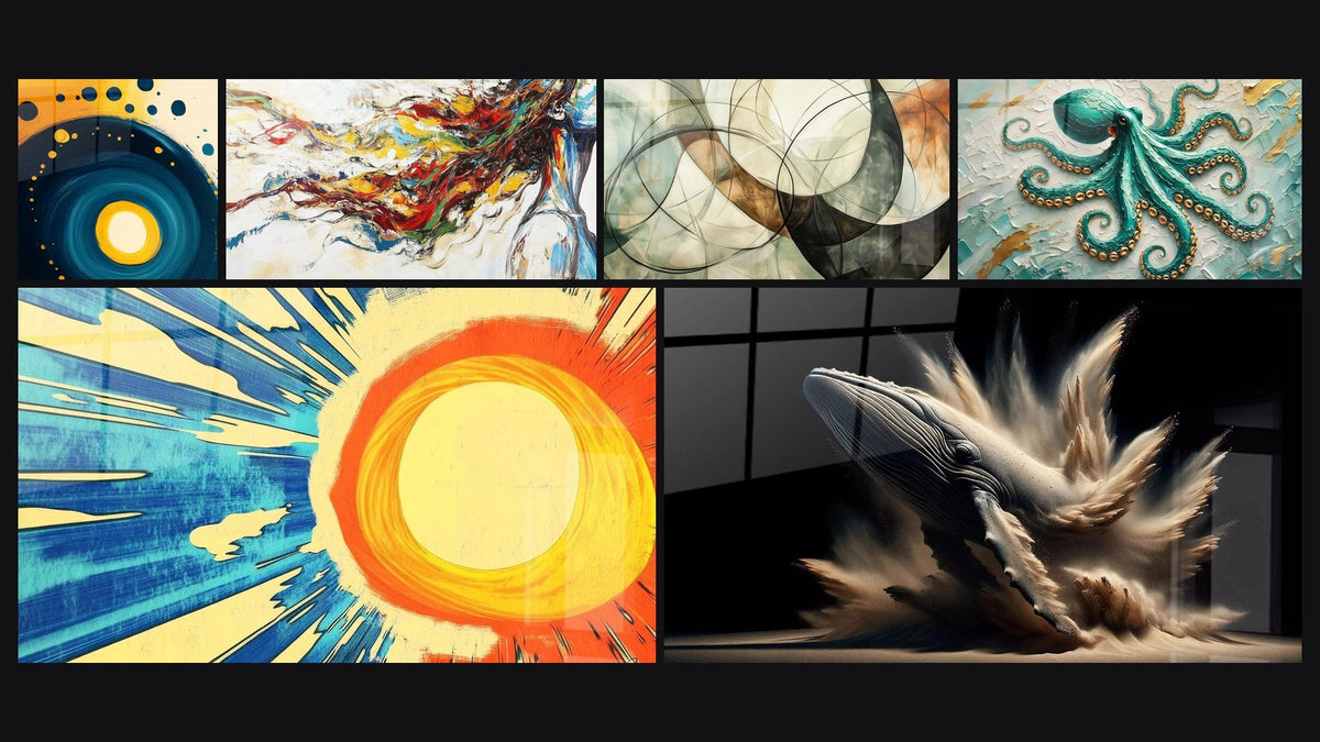 Mosaic of six paintings, including Blue and Orange Cosmic Spiral, Radiant sun and Elise's Whale