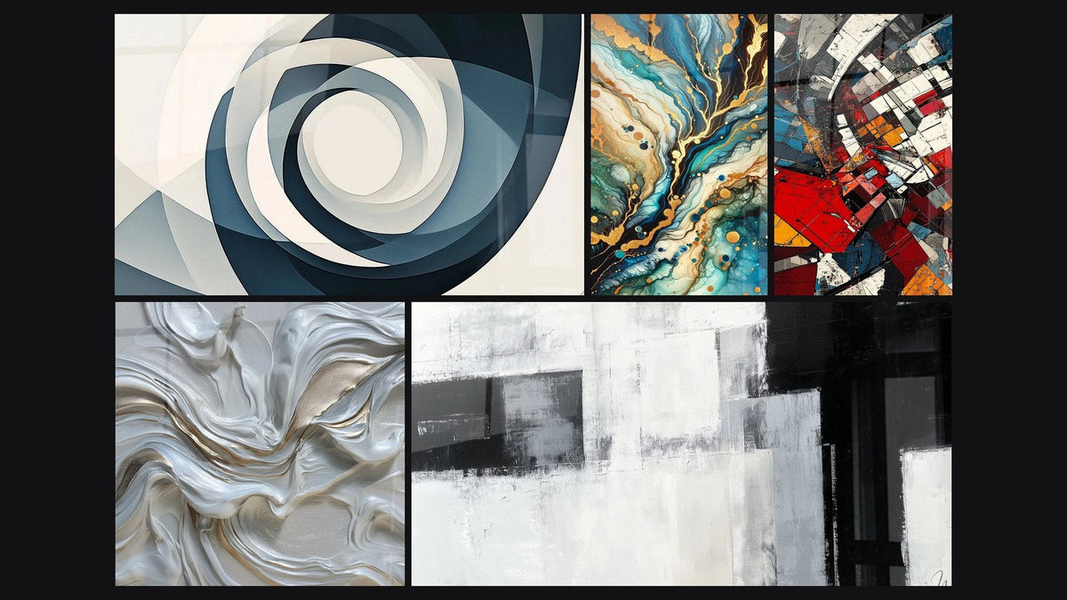 Mosaïque de cinq tableaux, dont Vortex Azur, Abstrait tourbillons blanc nacré et doré et Labyrinthe Minéral