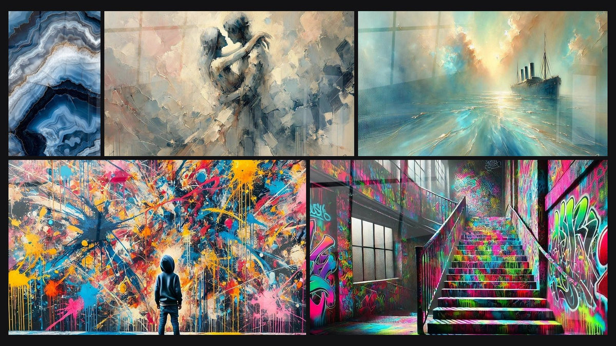 Mosaïque de cinq tableaux, dont Éclats de Peinture, Entre Nous et Au Cœur de la Brise