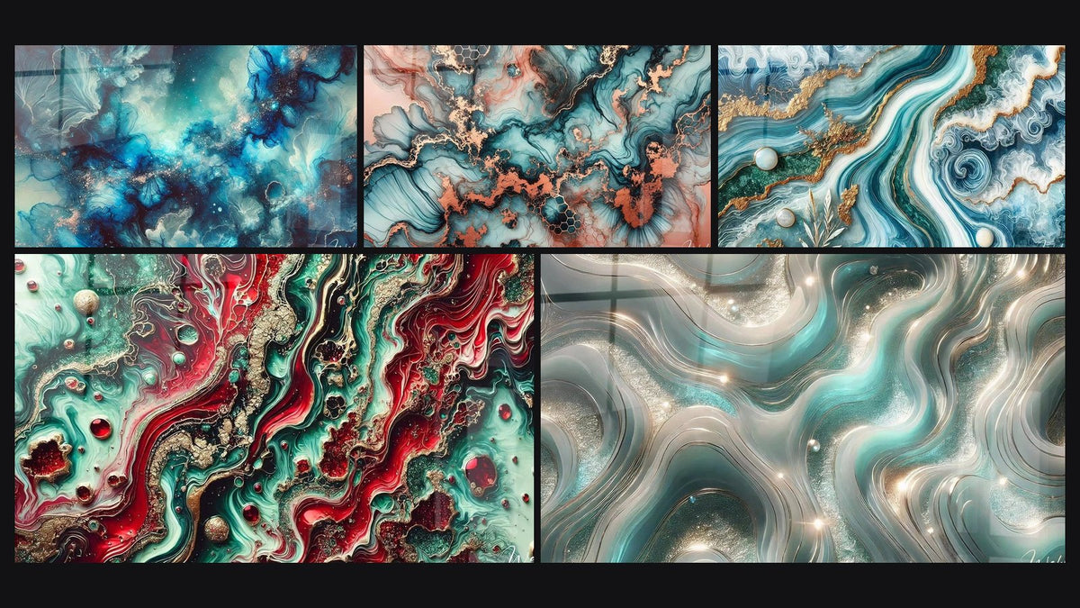 Mosaik aus fünf Gemälden, darunter Himmelisches Ozean, Fusion Smaragd und Verzauberte Flüsse