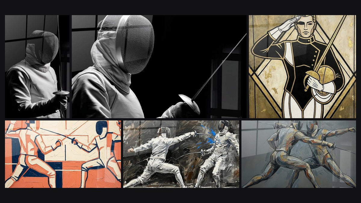 Mosaïque de six tableaux, dont Escrime, Escrimeur et Escrime Artistique