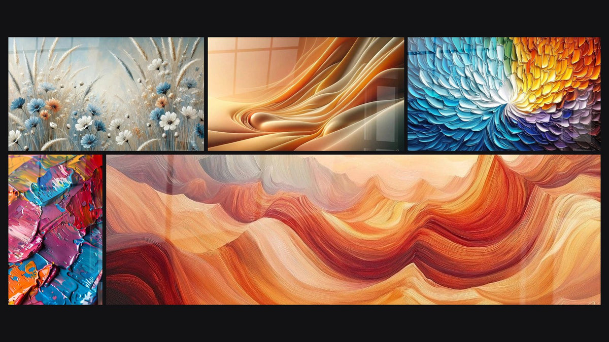 Mosaic of five paintings, including Softness Vision, Multicolor Acrylic and Ripples