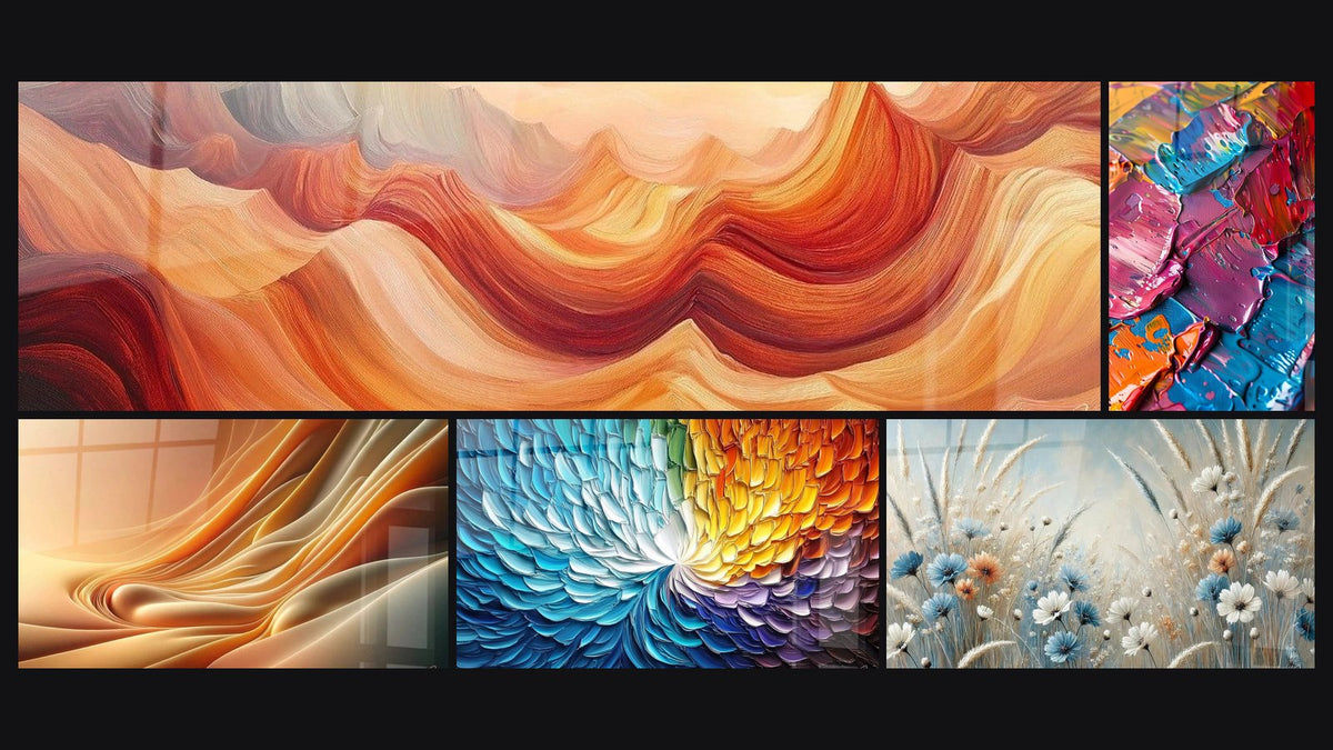 Mosaïque de cinq tableaux, dont Courants Chaleureux Orange, Ondulations et Peinture acrylique multicolore