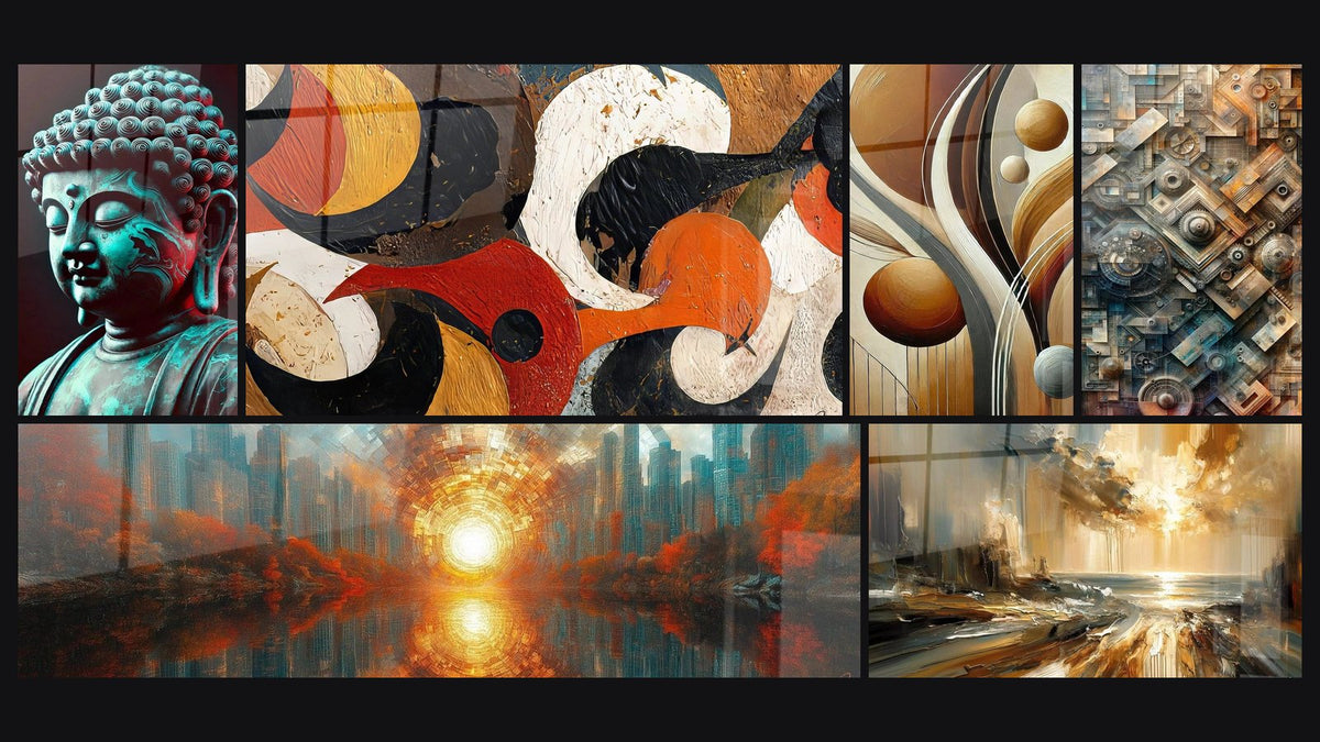 Mosaic of six paintings, including Calm Turquoise, Golden Architectural Radiance and Abstract Circular Shapes