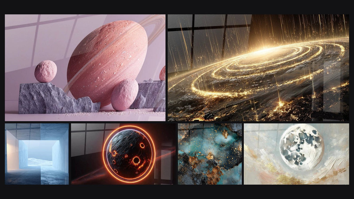 Mosaïque de six tableaux, dont Planète rose avec anneaux, Architecture futuriste et Espace N°2