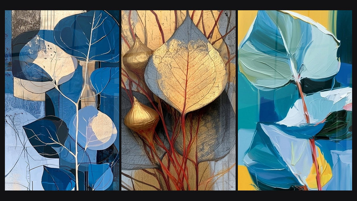 Mosaic of three paintings: Blue and Ochre Leaf, Golden and Grey Leaf with Red Veins and Blue Leaves with Vibrant Coral Stems