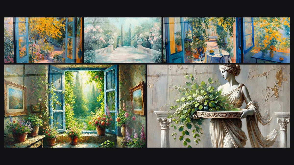 Mosaik aus sechs Gemälden, darunter Blühender Garten von offenen Fenster, Pastel Paradies und Mediterrane Terrasse