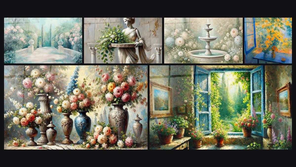 Mosaïque de six tableaux, dont Paradis Pastel, Offrande Végétale et Harmonie Florale