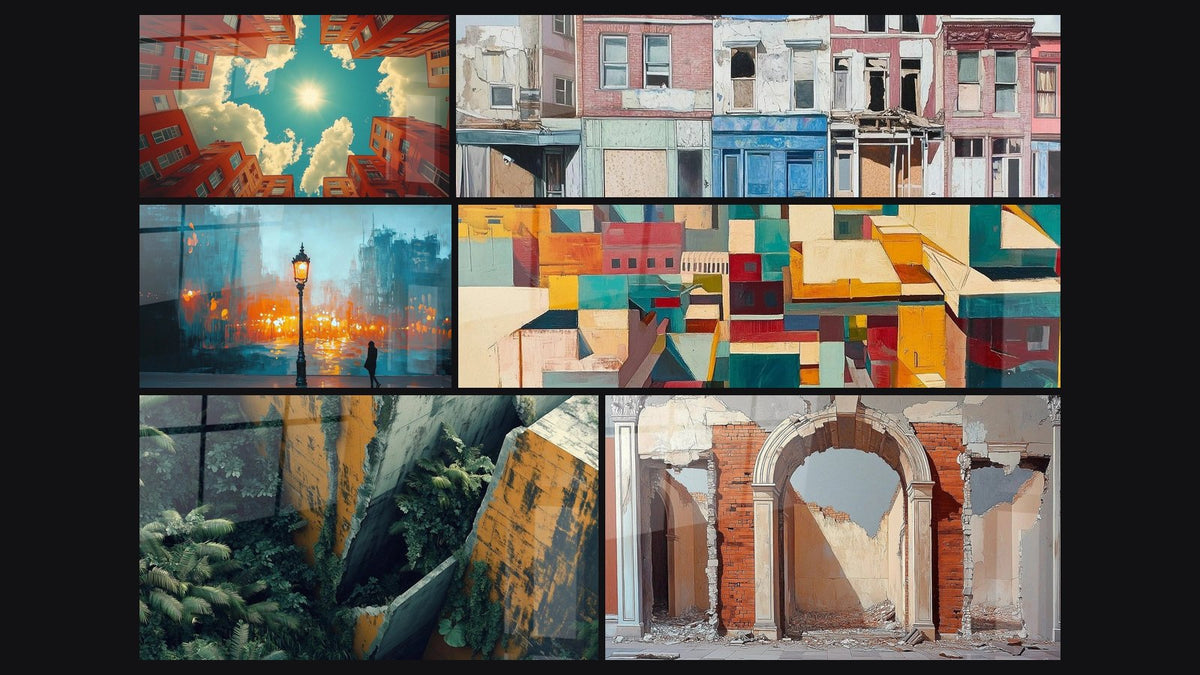 Mosaïque de six tableaux, dont Vertige Vertical Urbain Rouge, Réverbère Solitaire et Béton Reconquis