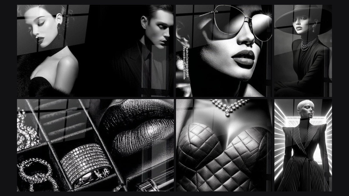 Mosaïque de six tableaux, dont Fashion, Icône Fashion et Femme élégante