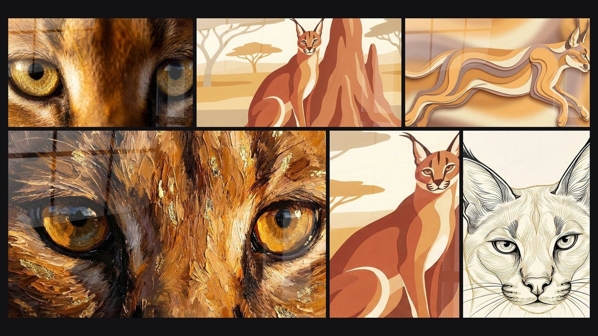 Mosaico de seis cuadros, entre ellos Ojos Ámbar y Pelaje Salvaje Primer Plano y Caracal Saltando en Tonos Dorados y Beige