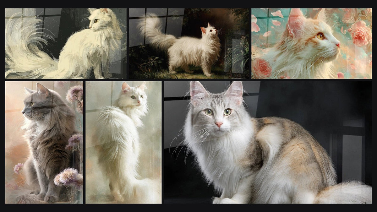 Mozaika sześciu obrazów, w tym Kota Turkish Angora Biały, Kota Turkish Angora w Ogrodzie i Kota Turkish Angora z Dzikościami
