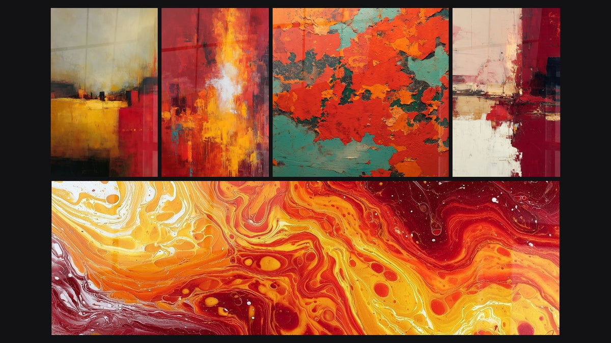 Mosaïque de cinq tableaux, dont Abstrait flammes rouges et dorées et Tourbillons Enflammés Rouge Orange Jaune