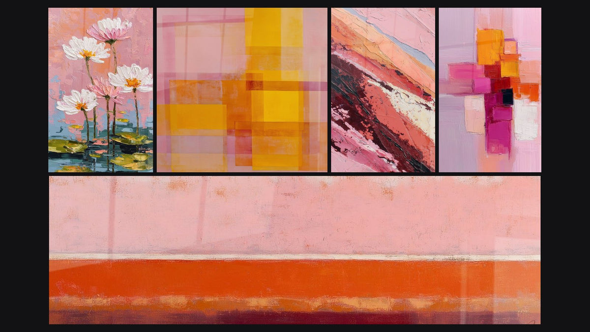 Mosaïque de cinq tableaux, dont Mosaïque Abstraite Rose et Orange