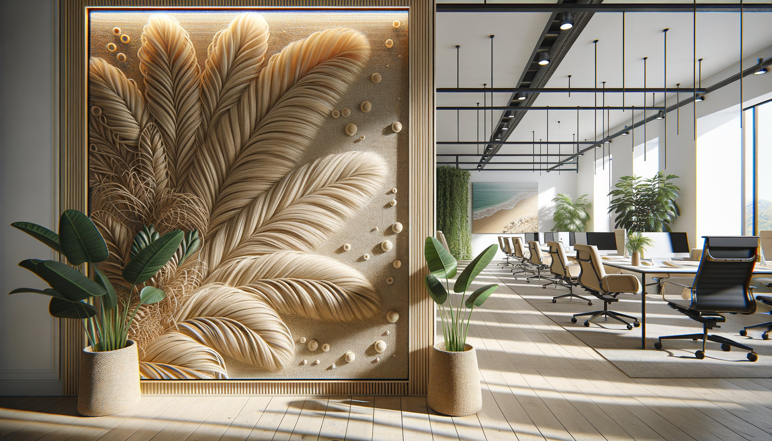Décoration murale en fibres végétales tressées dans agence moderne, zone humide avec traitement protecteur naturel visible