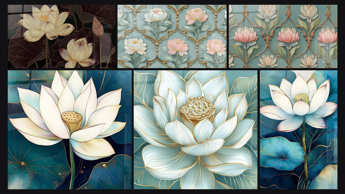 Mosaik aus sechs Gemälden, darunter Blütenmotive Art Déco und Lotus Bild reine Anmut