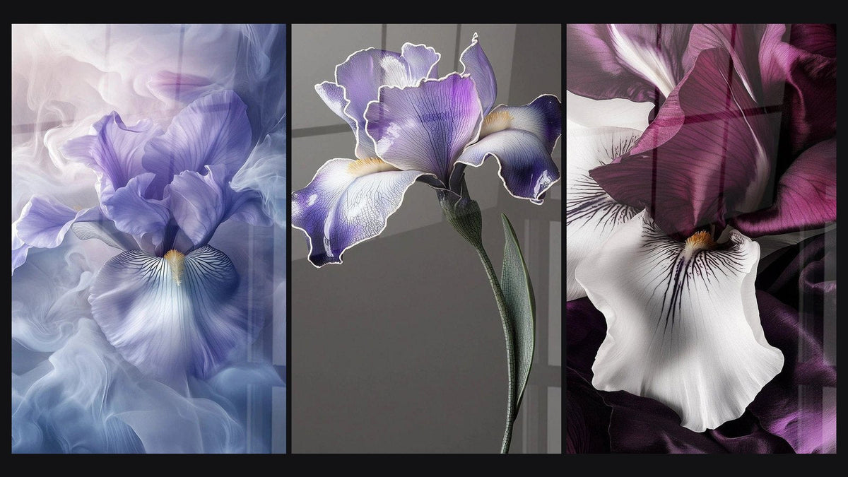 Mosaïque de trois tableaux : Iris N°2, Iris N°9 et Iris N°8