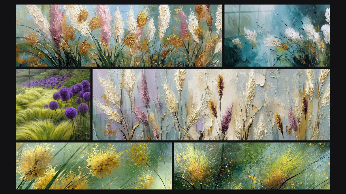 Mosaïque de six tableaux, dont Épis dorés et violets sur fond pastel