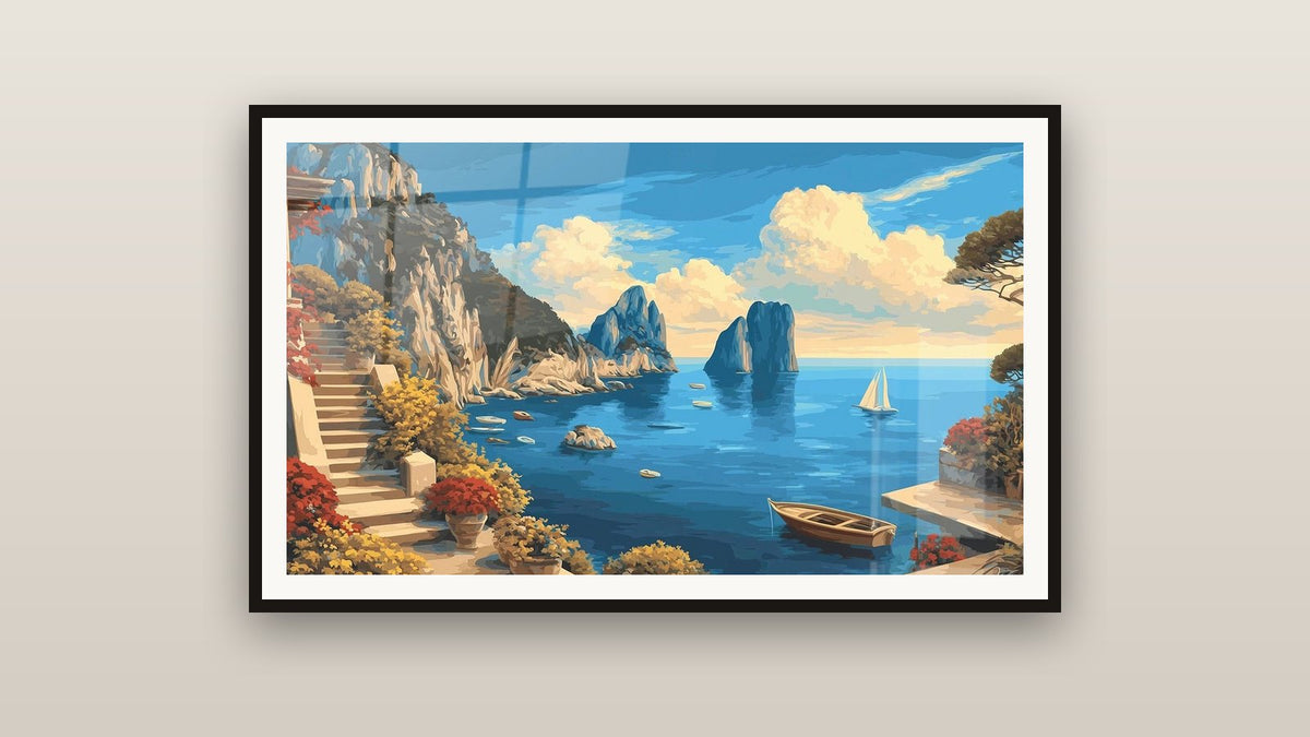 Ingelijst schilderij aan een muur: Mediterraans Kustlandschap