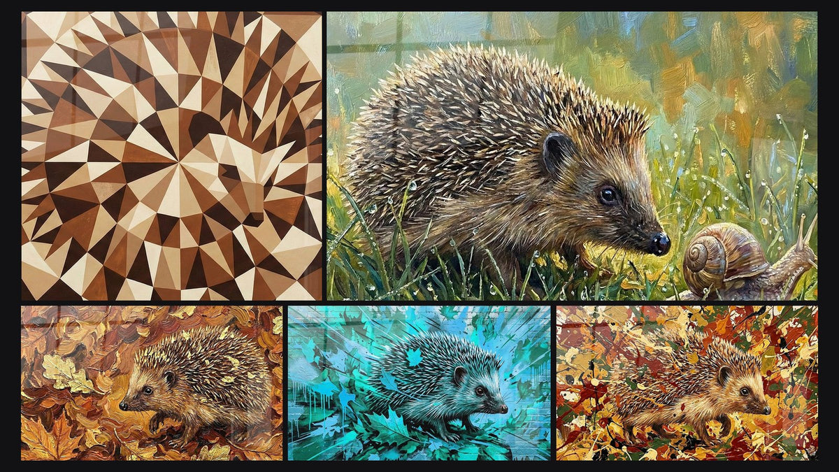 Mosaïque de cinq tableaux, dont Hérisson Facetté Origami Tons Chauds