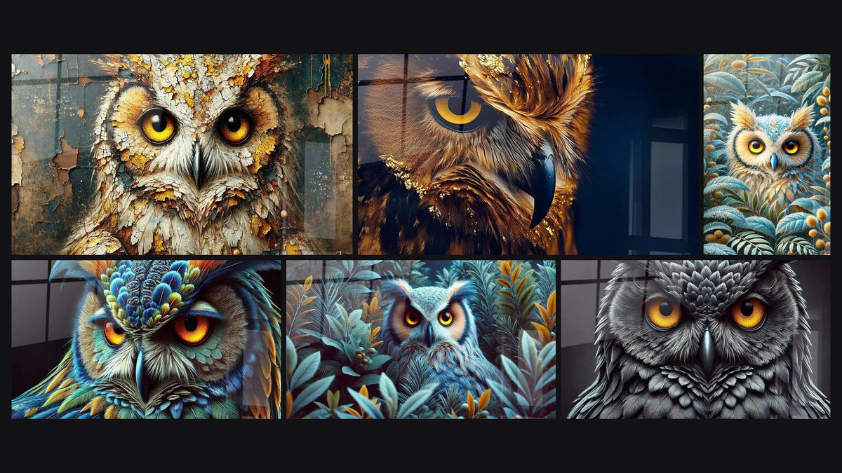 Mosaic of six paintings, including Owl of the Past, Owl Master of Twilight and Forest Eyes