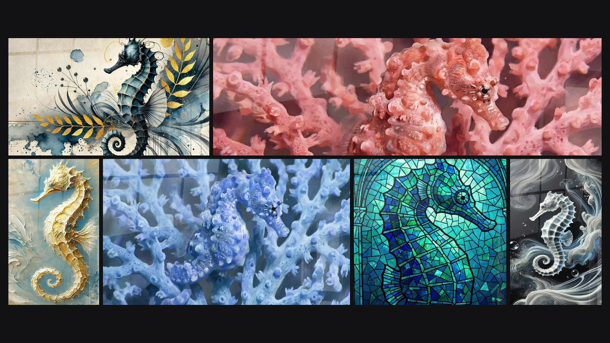 Mosaïque de six tableaux, dont Ballet Sous-Marin, L'or des Abysses et Hippocampe Rose Corail dans son Récif