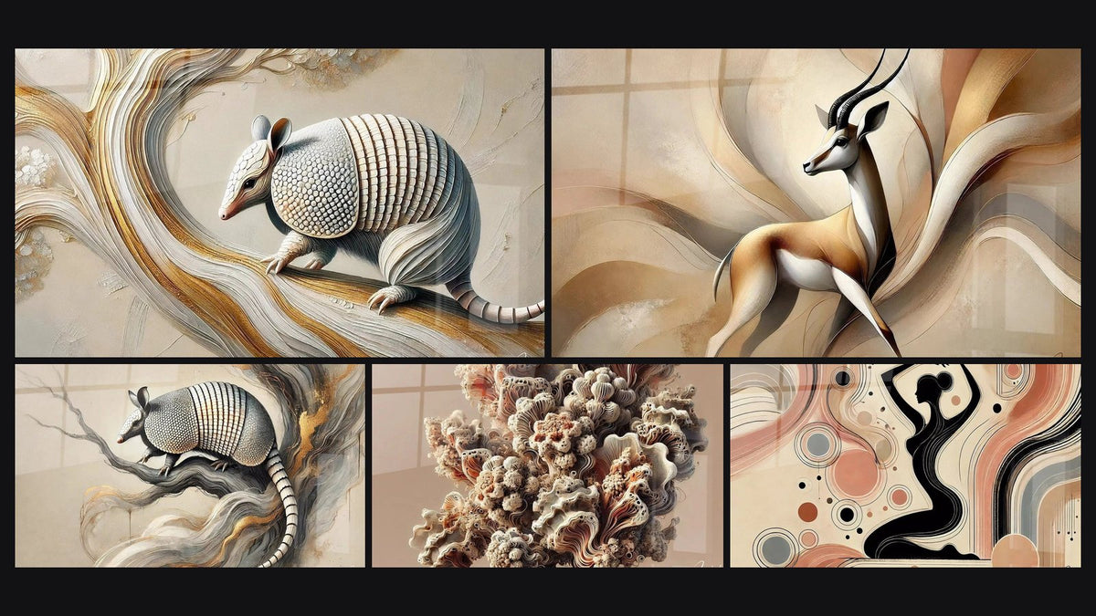 Mosaïque de cinq tableaux, dont Sur la Crête du Temps, L'Armure des Arbres et Complexité Naturelle