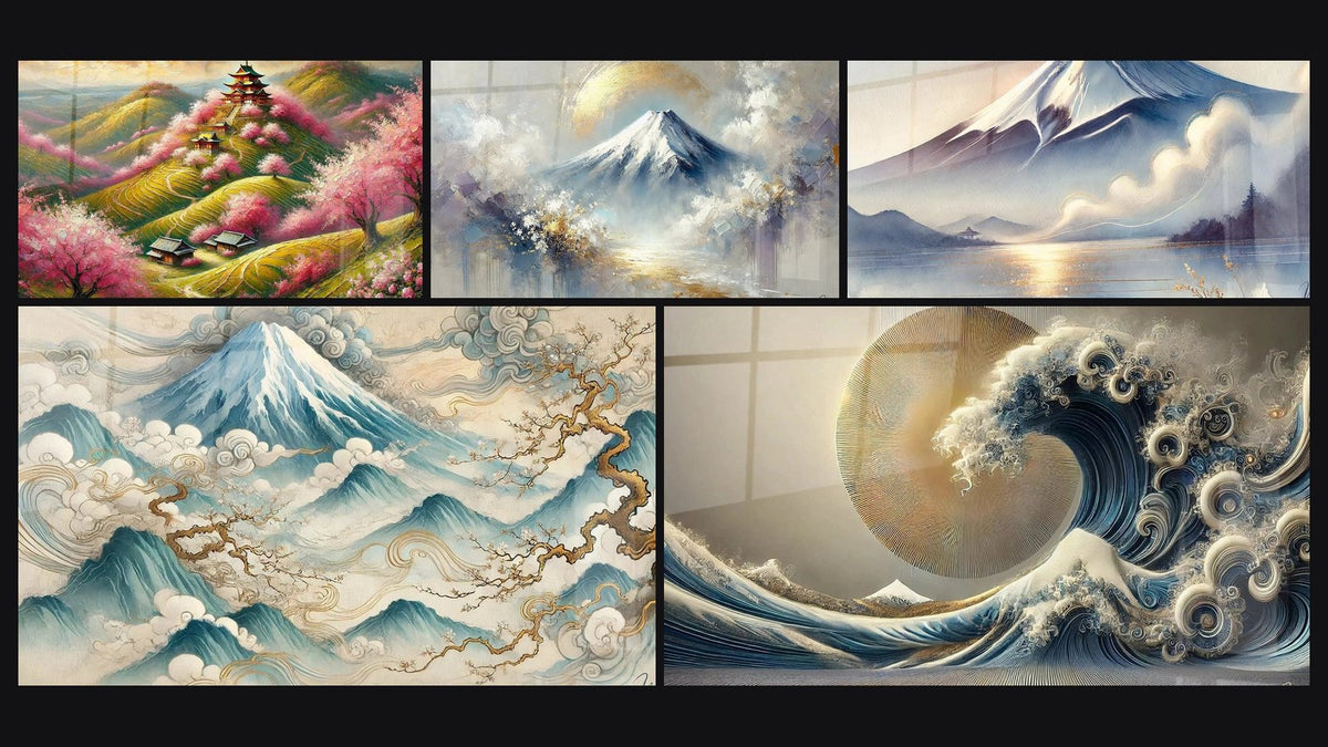Mosaïque de cinq tableaux, dont Cerisier Japonais N°1, Au-Delà des Nuages et Éveil du Mont Sacré