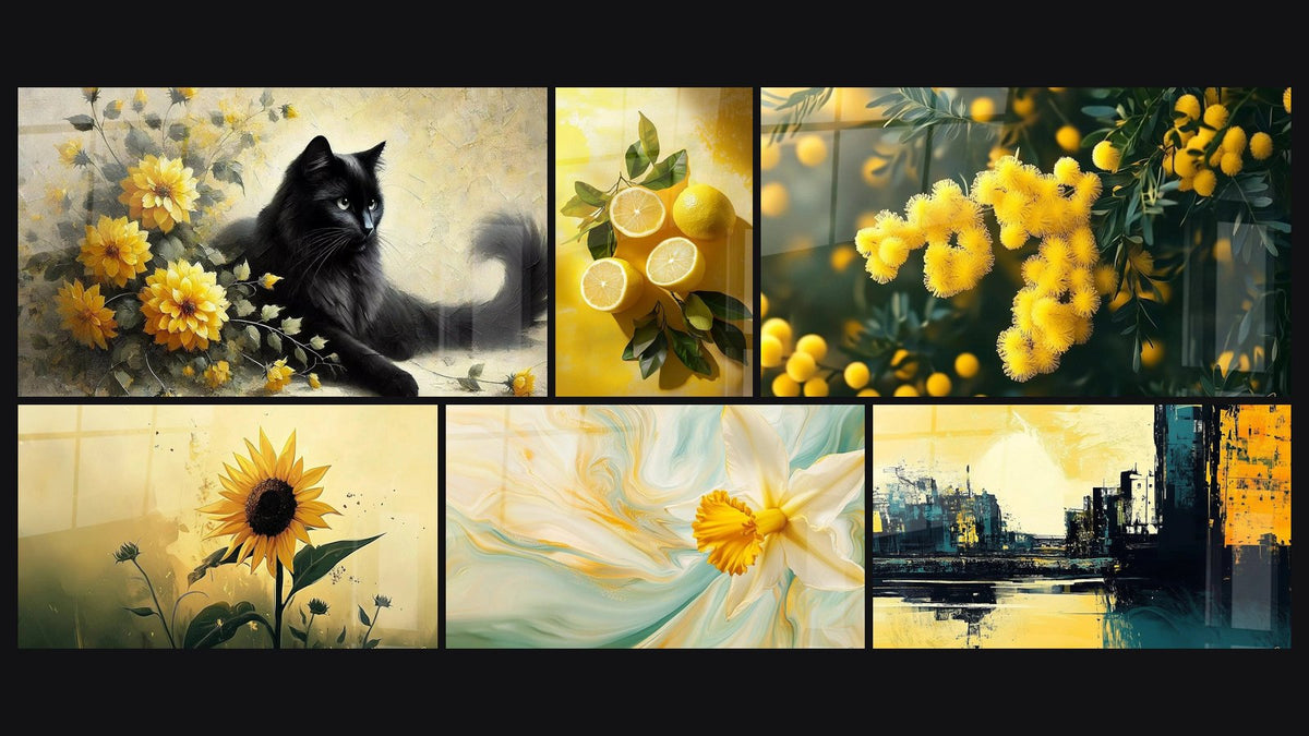 Mosaic of six paintings, including Sweetness in Yellow, Lemon Artwork No.2 and Sunflower Wall Art No. 5