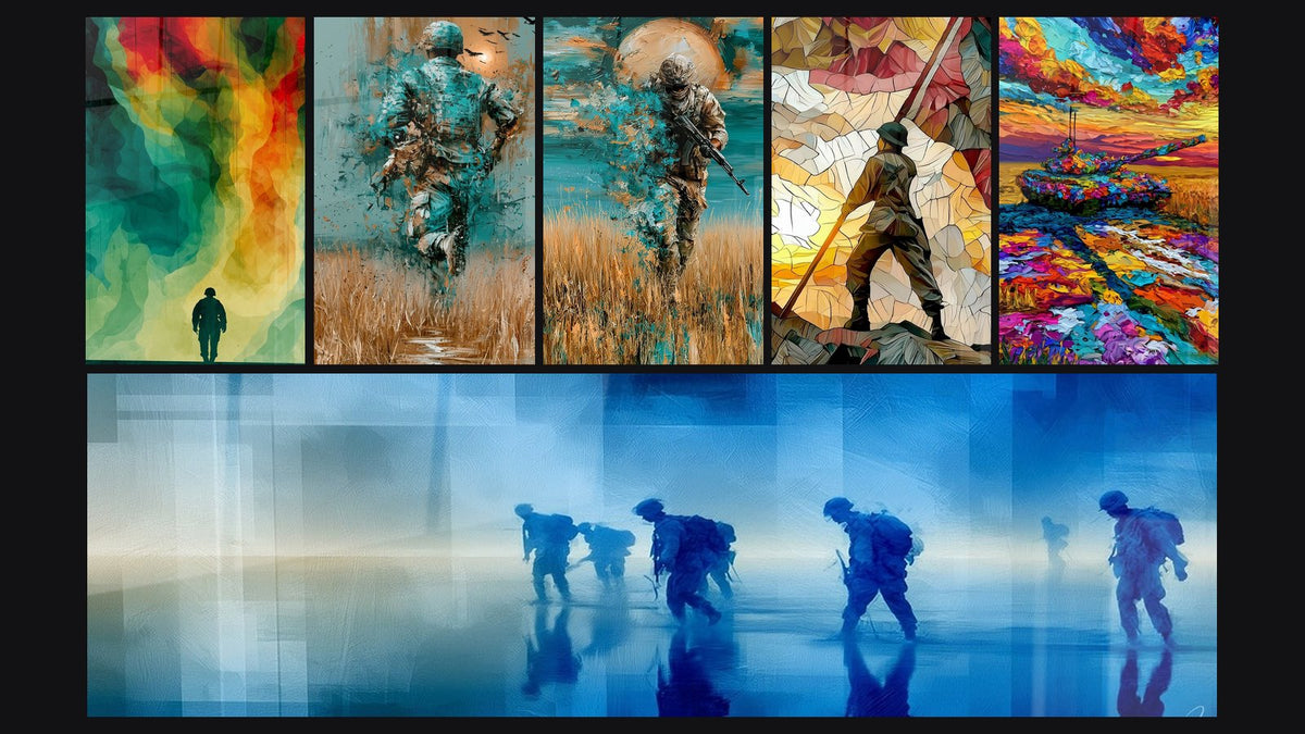 Mosaico de seis cuadros, entre ellos Soldado silueta frente a un brasero verde y Soldado turquesa y ocre en altas hierbas