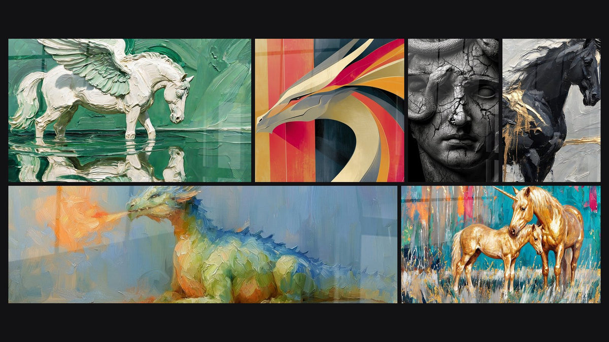 Mosaic of six paintings, including Golden Unicorn and Foal, Stylized Head Profile Gold and Anthracite and Medusa Serpents