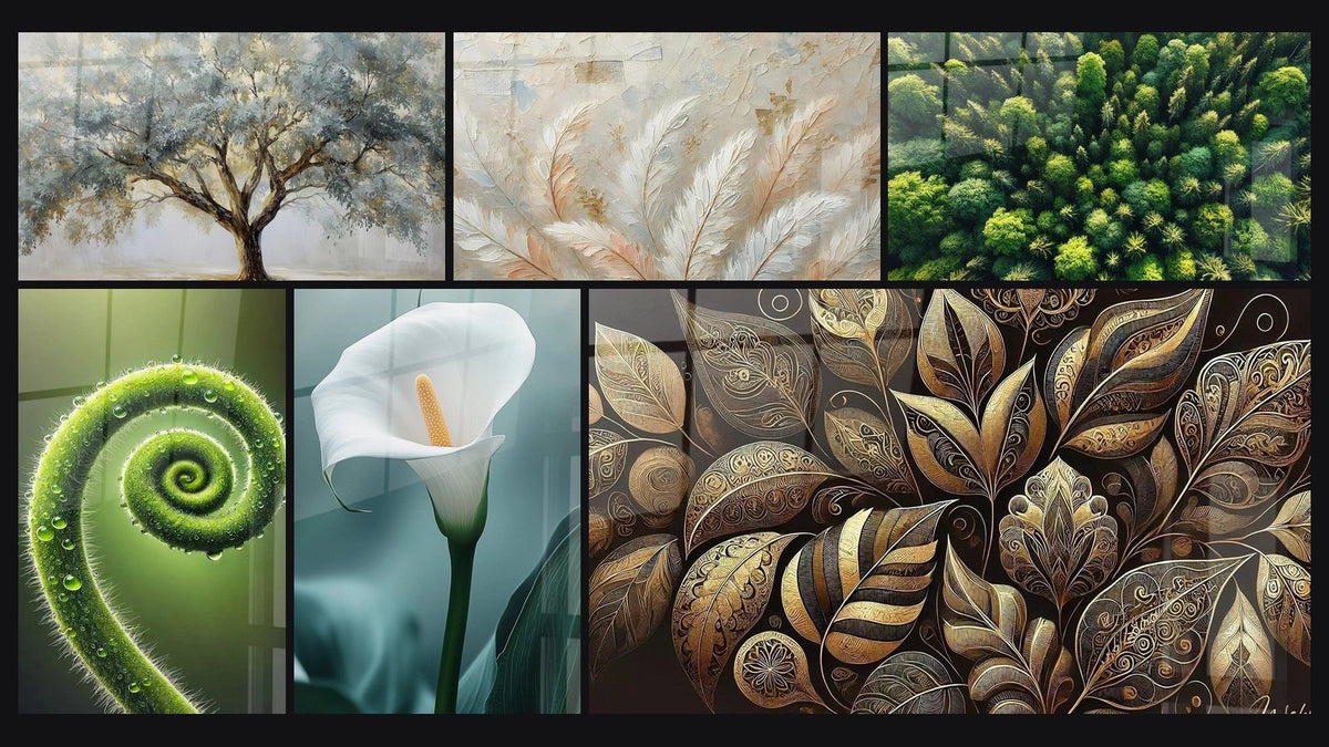 Mosaic of six paintings, including Spiral of Life, Arum Wall Art No. 3 and Airy Softness