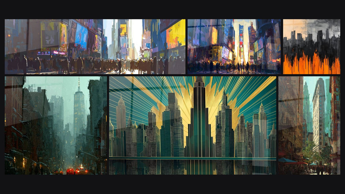 Mosaik aus sechs Gemälden, darunter Urbanes Times Square, New York Straße im Regen und New York Skyline