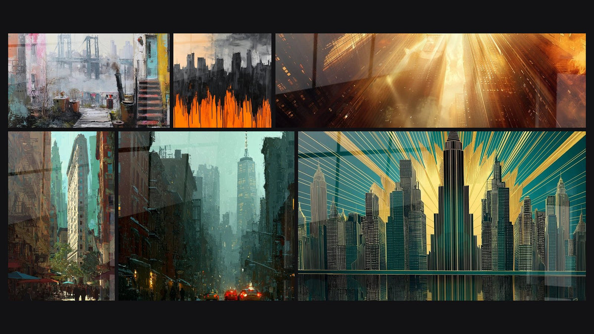 Mozaïek van zes schilderijen, waaronder Stadsgezicht Brooklyn Bridge, Wild Lights Cityscape en Verlichte wolkenkrabbers