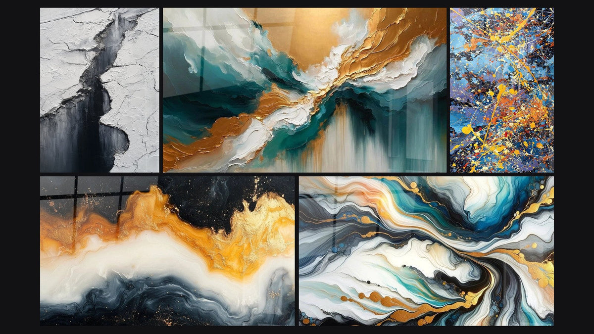 Mosaïque de cinq tableaux, dont Crevasse Glaciaire Gris et Noir, Lumière des Abysses et Marée Éternelle Dorée