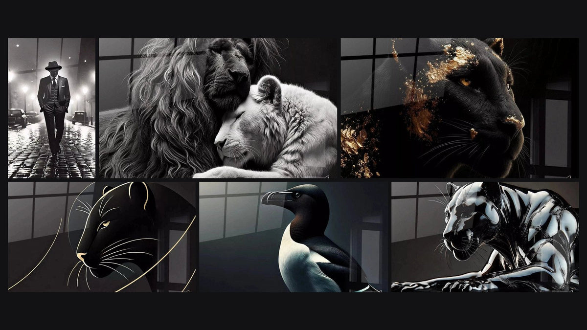 Mosaico de seis cuadros, entre ellos Elegancia Negra, Abrazo Negro y Blanco y Felino de las Tinieblas