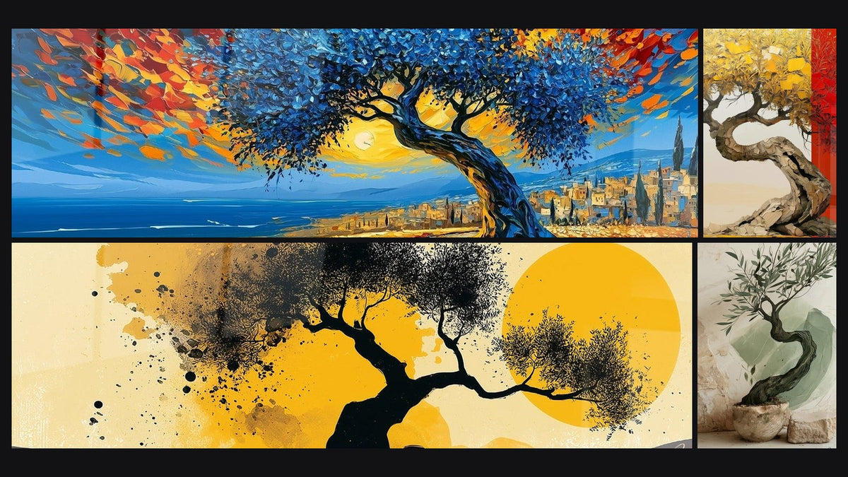 Mosaïque de quatre tableaux, dont Olivier noir devant un soleil doré et Olivier au tronc en S doré et rouge