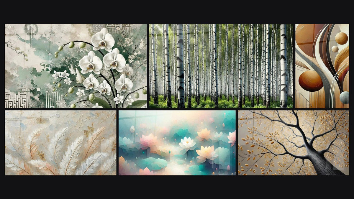 Mosaïque de six tableaux, dont Orchidées Zen, Douceur Aérienne et Mur de Tronc