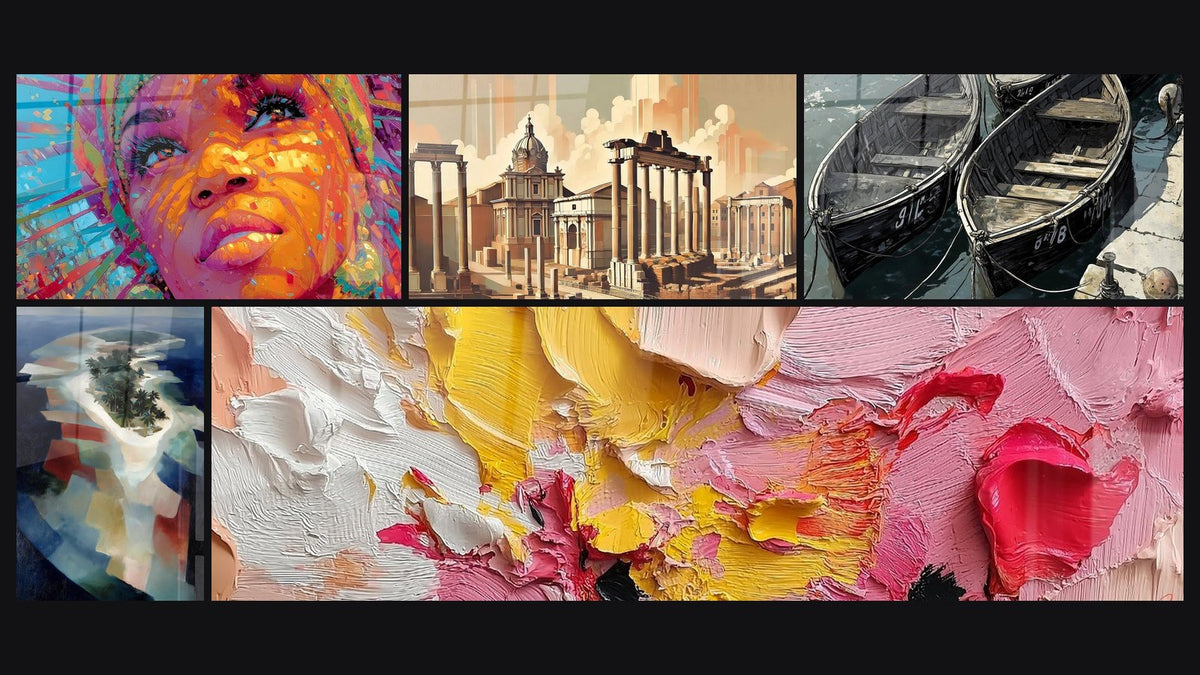 Mosaico de cinco cuadros, entre ellos Retrato Aurora Multicolor Radiante, Roma N°1 y Isla tropical con palmeras