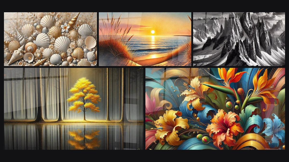 Mosaico de cinco cuadros, entre ellos Joyas de las Arenas, Tranquilidad Eterna y Rapsodia Botánica