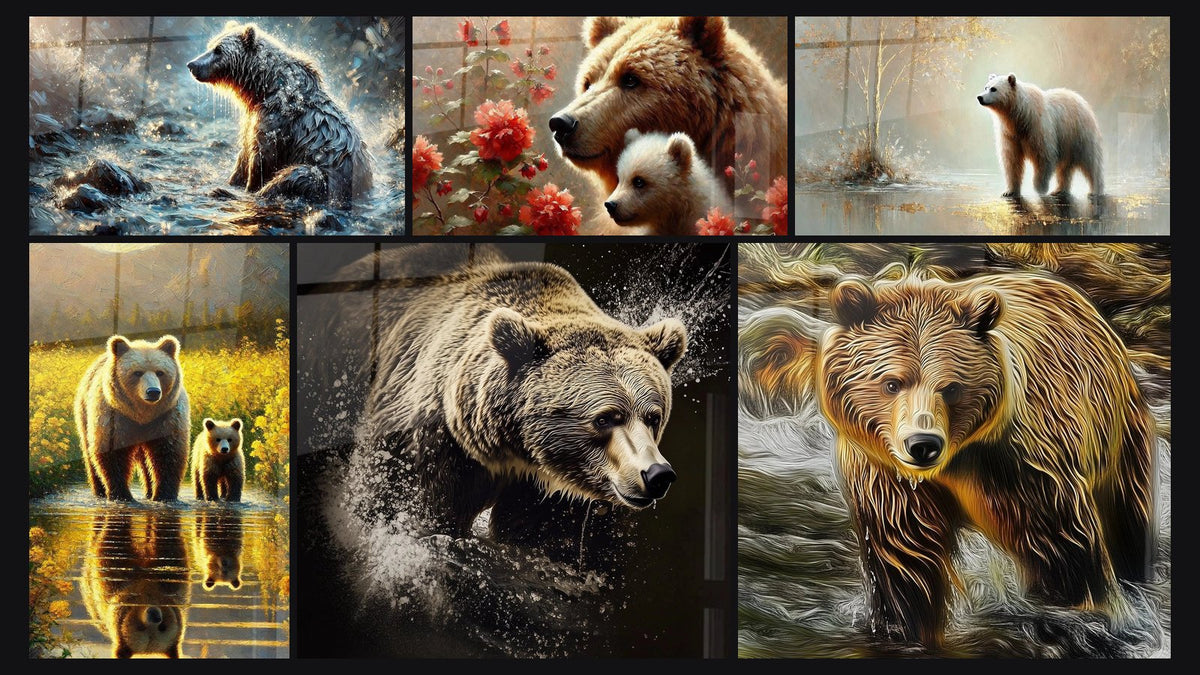 Mosaïque de six tableaux, dont Dans les Courants, Doux Refuge et L'Âme du Bois