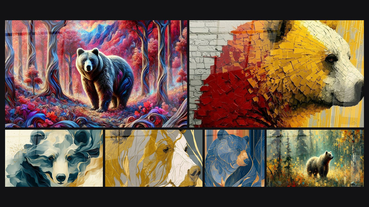 Mosaïque de six tableaux, dont Ours brun forêt rouge et bleue et Ours brun aux mèches bleu marine et dorées
