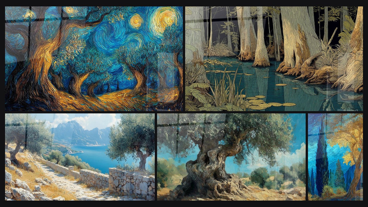 Mosaico di cinque quadri, tra cui Albero cosmico di, Sentiero d'Ulivo e Ulivo Millenario