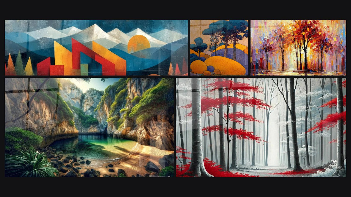 Mosaico di cinque quadri, tra cui Paesaggio montagna geometrico, Paesaggistica mediterranea stilizzata e Sinfonia d'Autunno