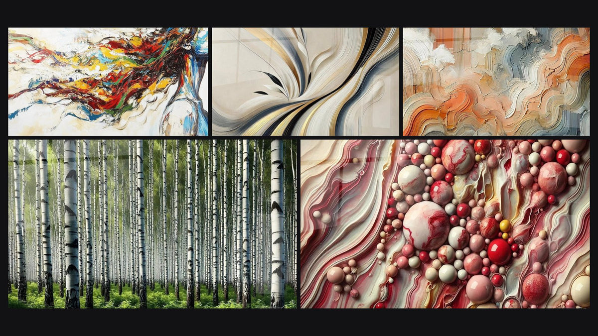Mosaïque de cinq tableaux, dont Muse Moderne, Élan d'Harmonie et Mur de Tronc