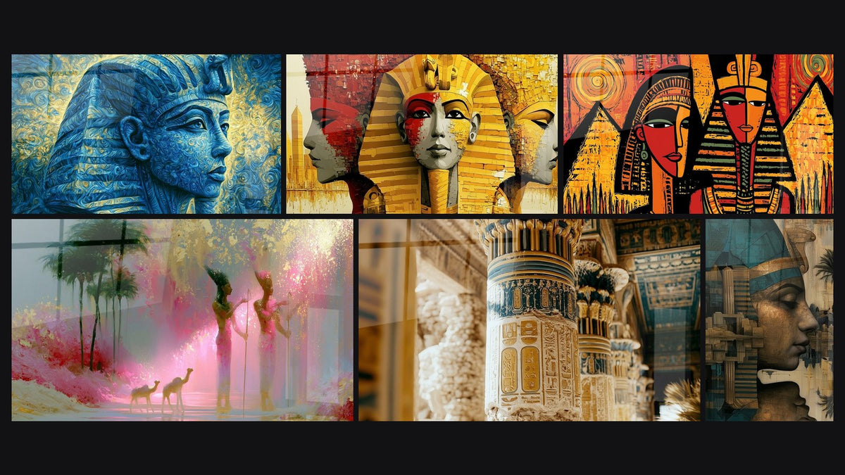 Mosaic of six paintings, including Pharaohs in Pink and Gold Near Palm Trees and Golden Hieroglyphs Columns and Petrol Blue
