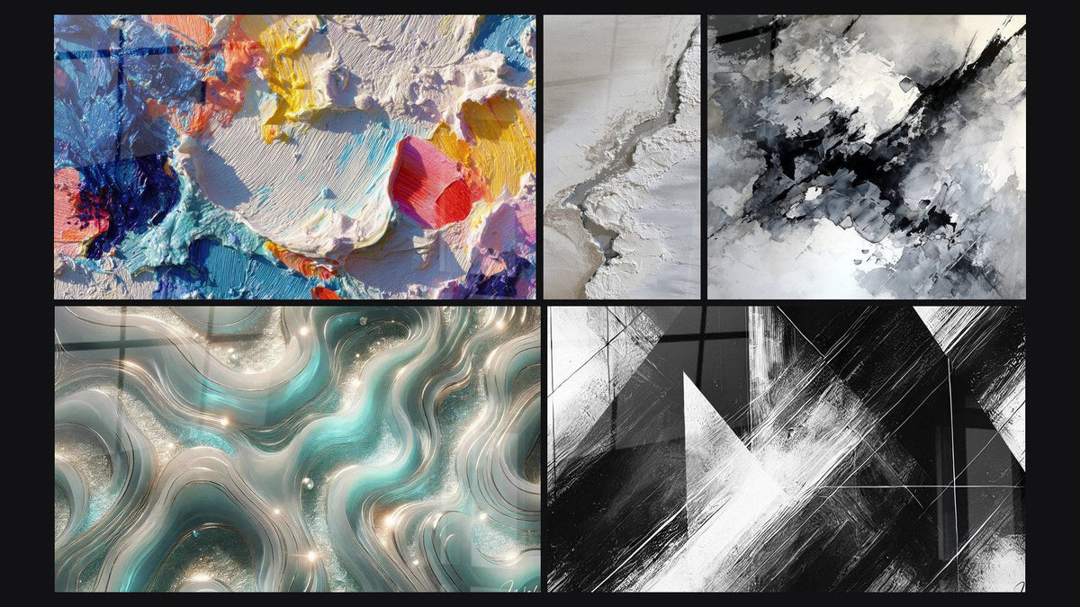 Mosaic of five paintings, including Shimmering Waves and Convergence Points