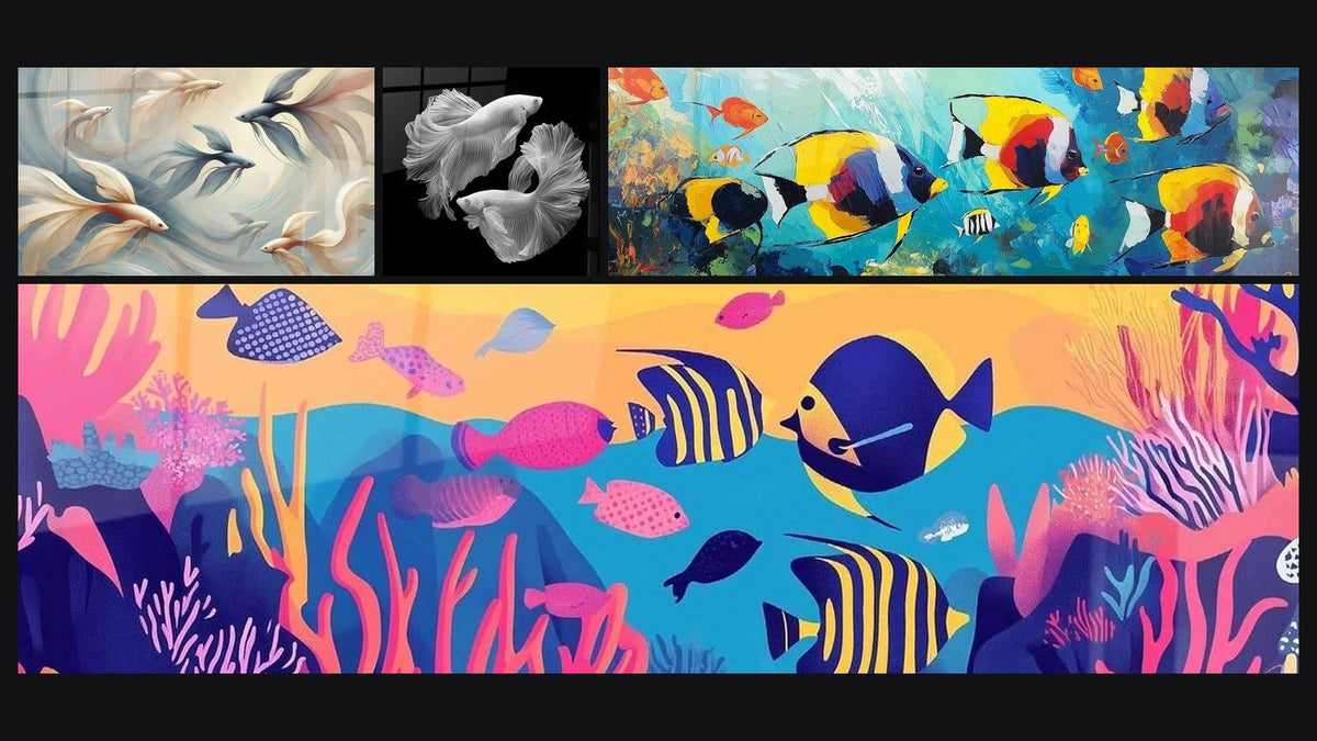 Mosaik aus vier Gemälden, darunter Flüstern der Ozeane, Kampffische und Fischfestival-Kunstwerk Unterwasserwelt