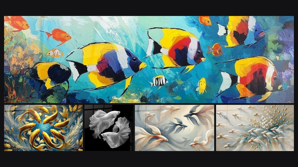 Mosaik aus fünf Gemälden, darunter Fischfestival-Kunstwerk Unterwasserwelt, Himmlische Fluidität und Kampffische