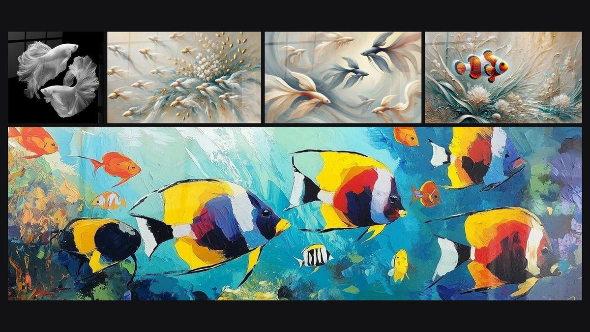 Mosaik aus fünf Gemälden, darunter Kampffische, Fischfestival-Kunstwerk Unterwasserwelt und Schwimmer der Träume
